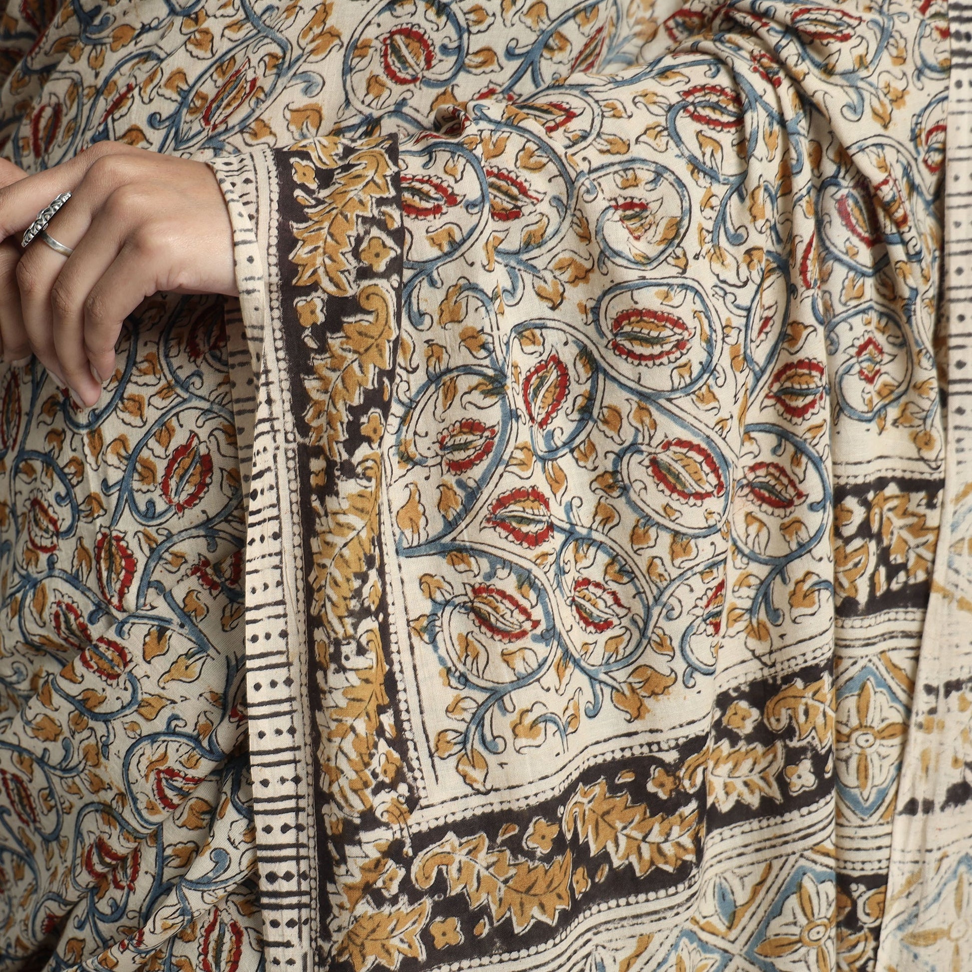 Beige - Pedana Block Print Cotton Kalamkari Saree
