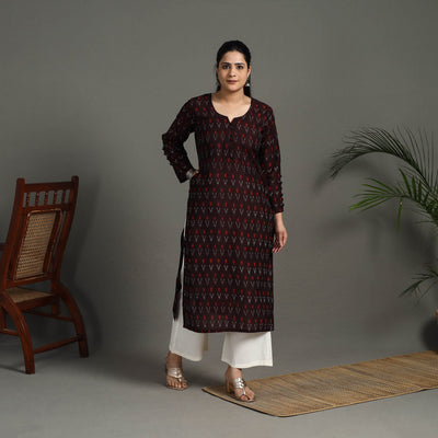 Brown - Mercerised Cotton Straight Pochampally Ikat Kurta 12