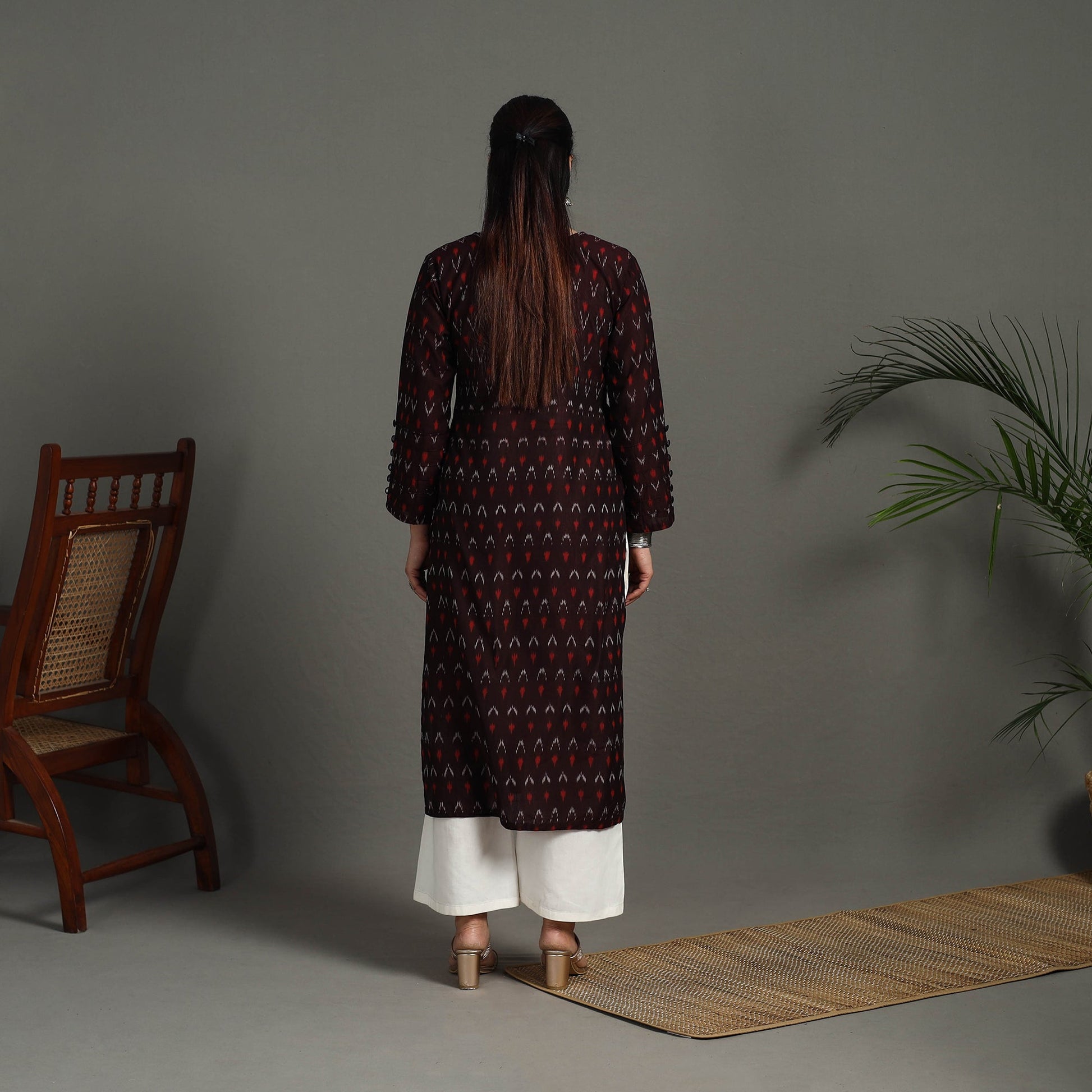 Brown - Mercerised Cotton Straight Pochampally Ikat Kurta 12