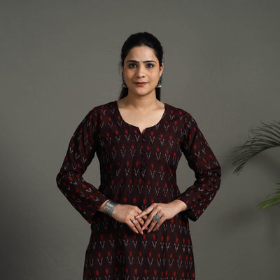 Brown - Mercerised Cotton Straight Pochampally Ikat Kurta 12