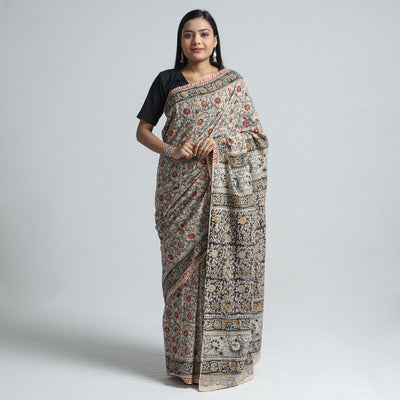 Beige - Pedana Block Print Cotton Kalamkari Saree