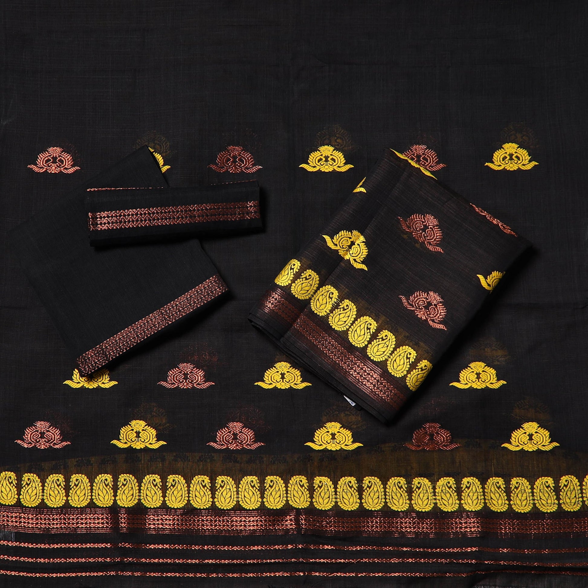 Black - Assam Handloom Tussar Mekhela Chador with Blouse Piece 14