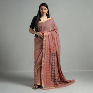 Brown - Handloom Cotton Phulia Jamdani Saree with Tassels