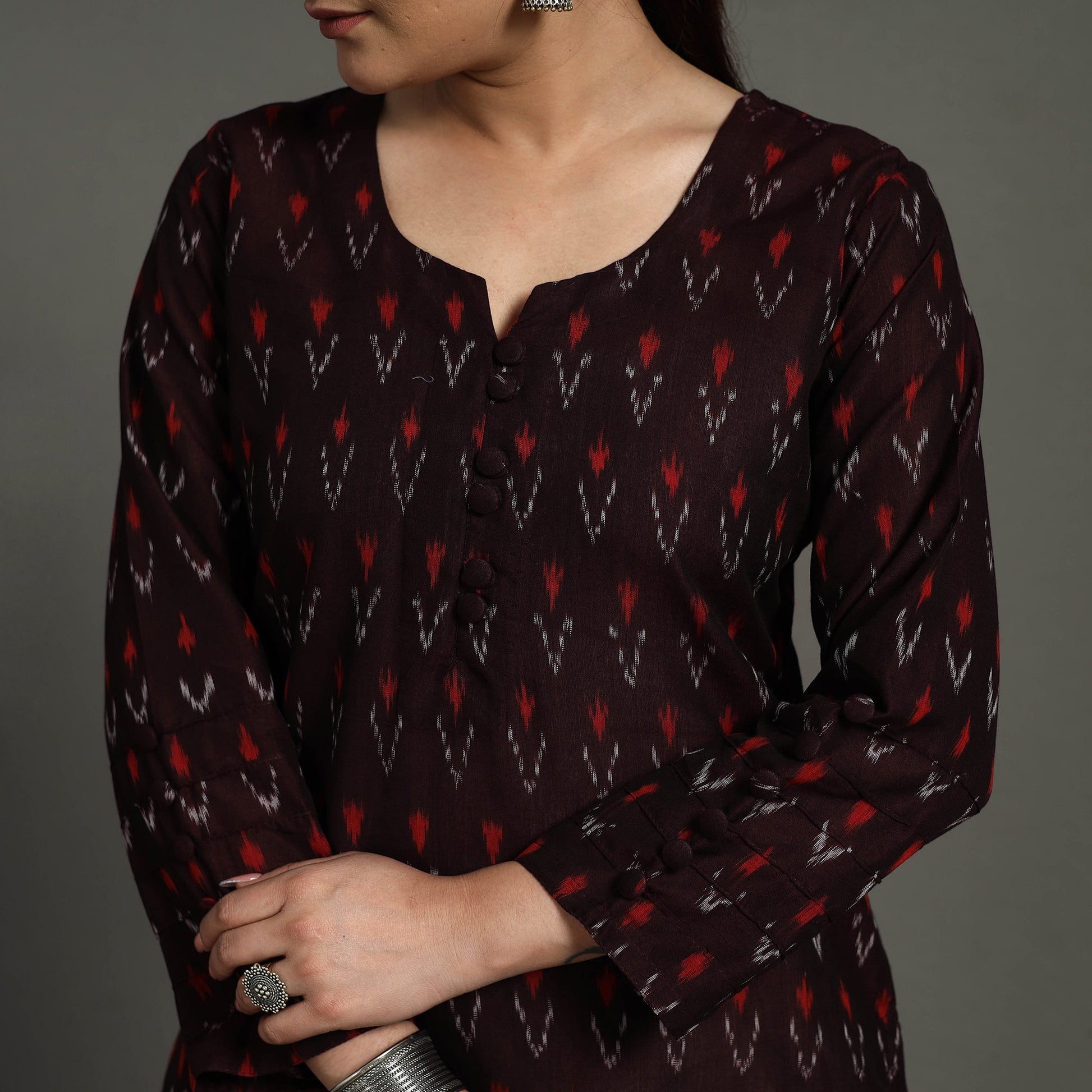 Brown - Mercerised Cotton Straight Pochampally Ikat Kurta 12