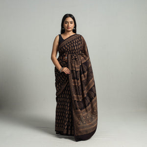 Brown - Natural Dyed Bagh Print Cotton Saree with Blouse Piece 08