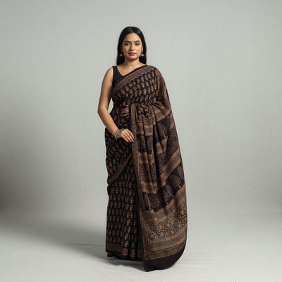Brown - Natural Dyed Bagh Print Cotton Saree with Blouse Piece 08