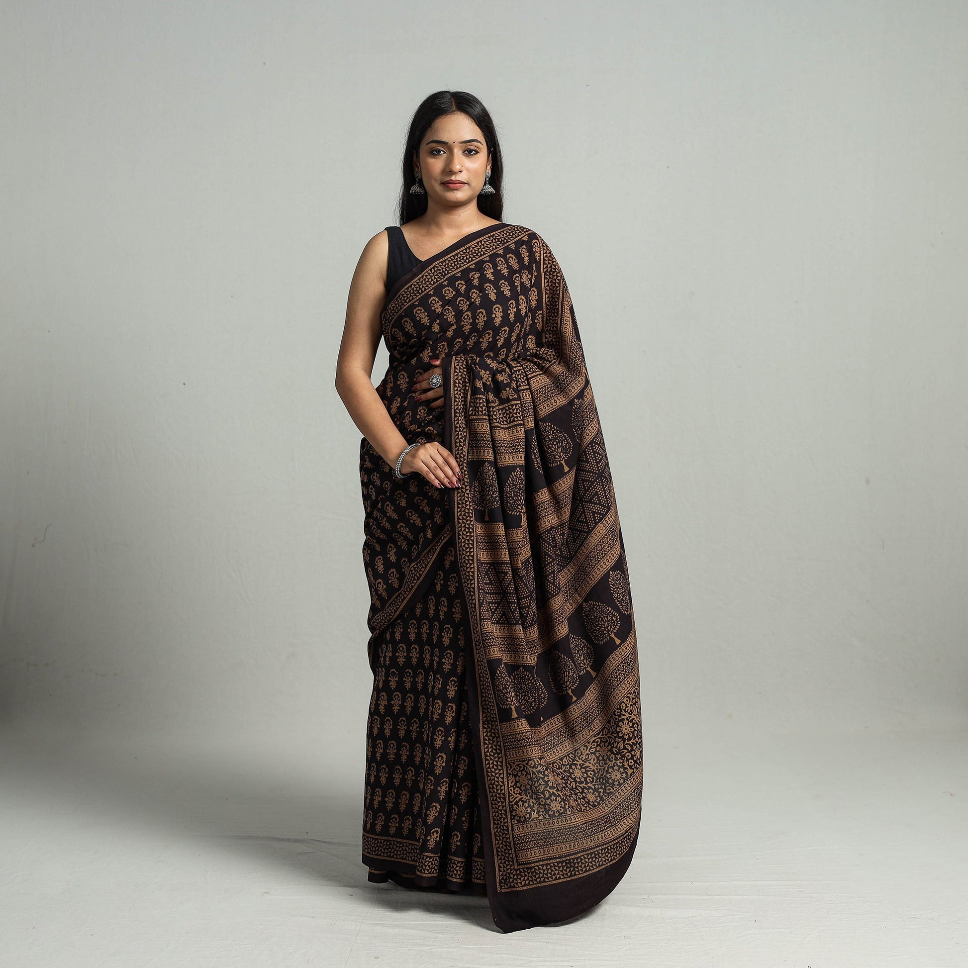 Brown - Natural Dyed Bagh Print Cotton Saree with Blouse Piece 08