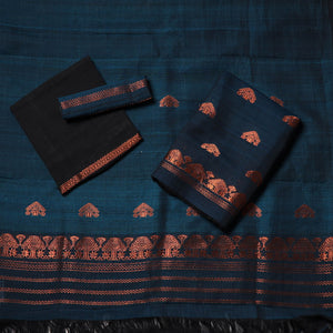 Blue - Assam Handloom Tussar Mekhela Chador with Blouse Piece 13
