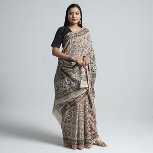 Beige - Pedana Block Print Cotton Kalamkari Saree