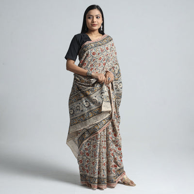 Beige - Pedana Block Print Cotton Kalamkari Saree
