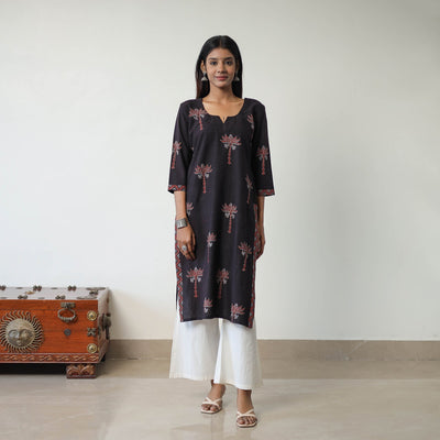 Black - Block Printed Cotton Straight Ajrakh Kurta 15