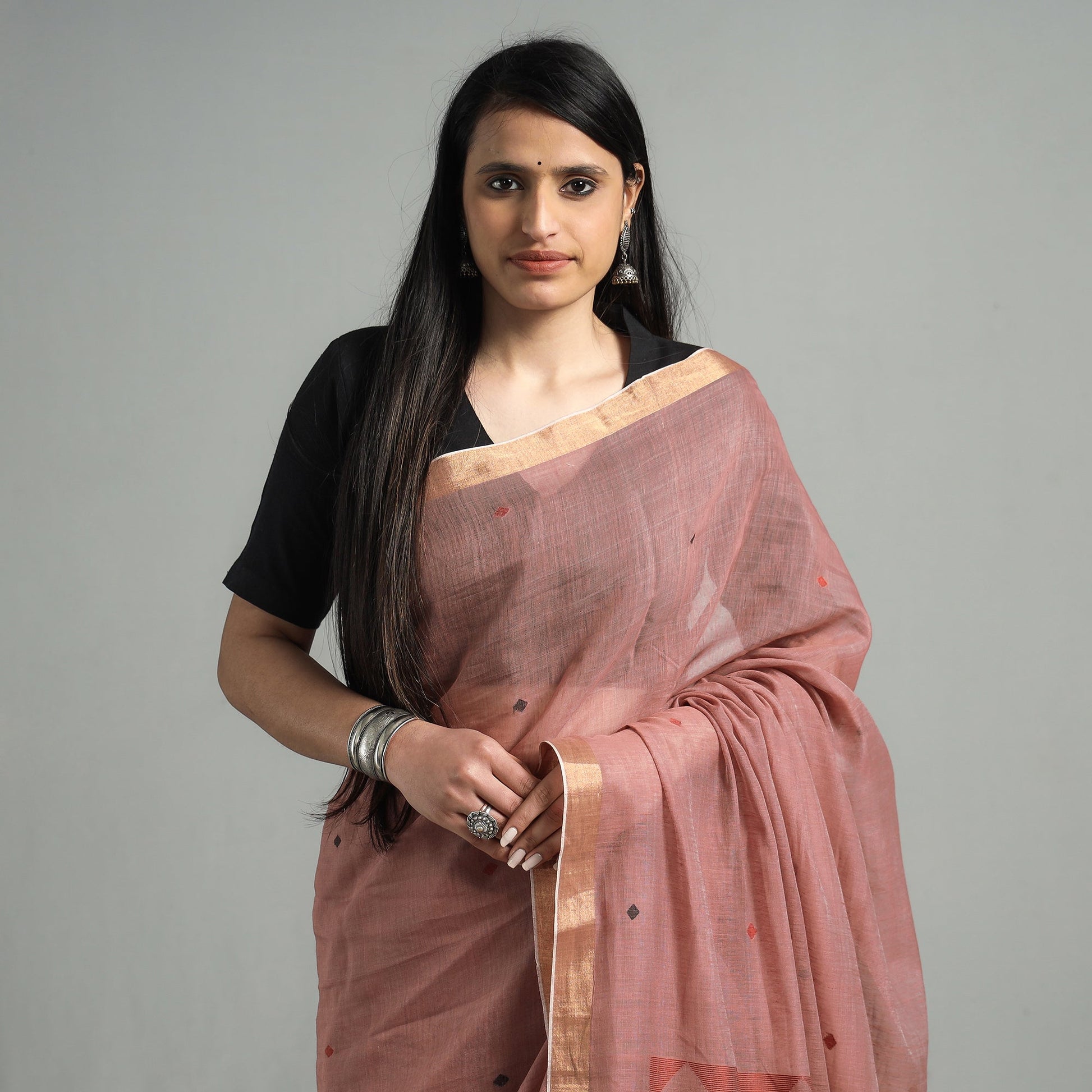 Brown - Handloom Cotton Phulia Jamdani Saree with Tassels