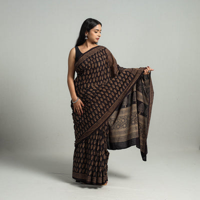 Brown - Natural Dyed Bagh Print Cotton Saree with Blouse Piece 08
