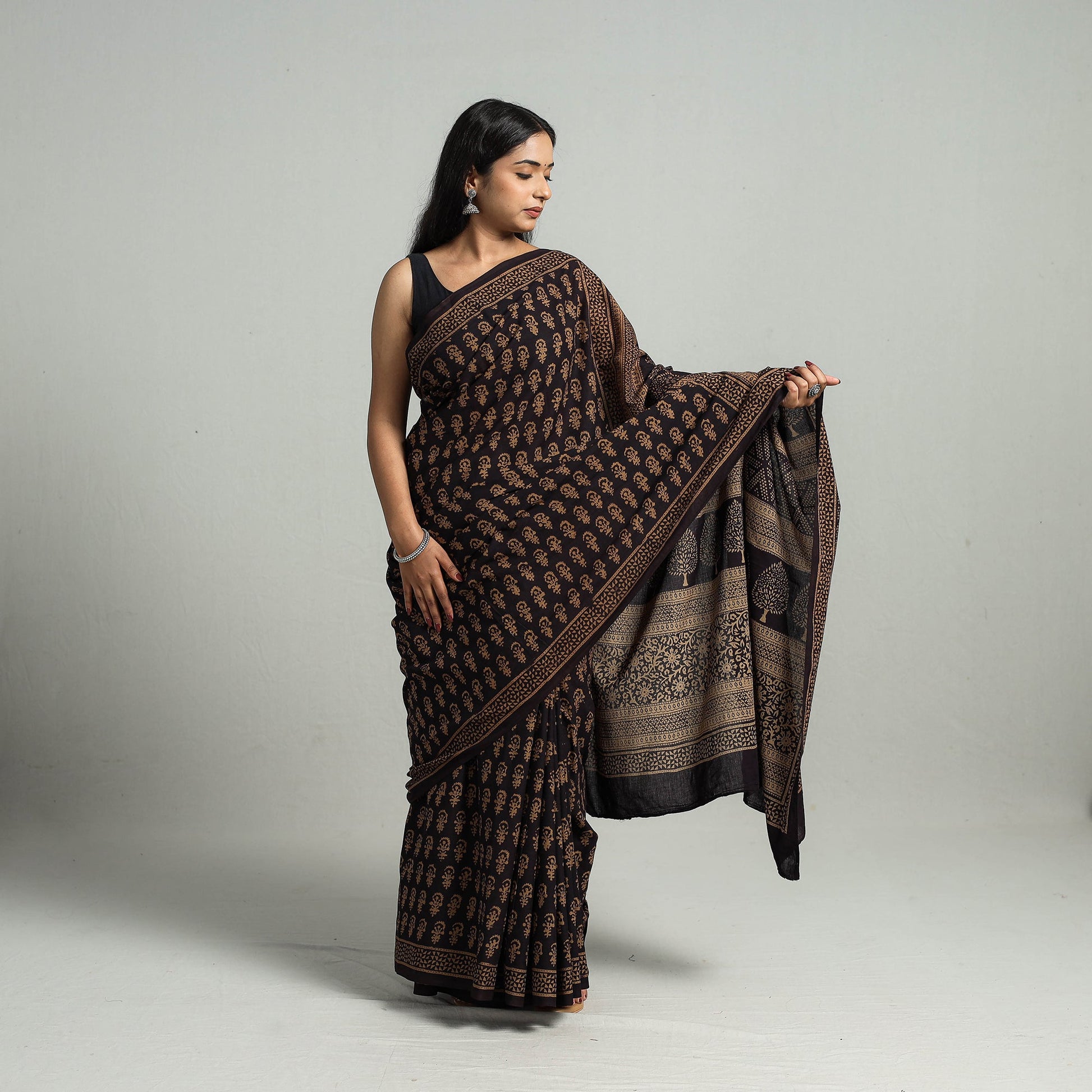 Brown - Natural Dyed Bagh Print Cotton Saree with Blouse Piece 08