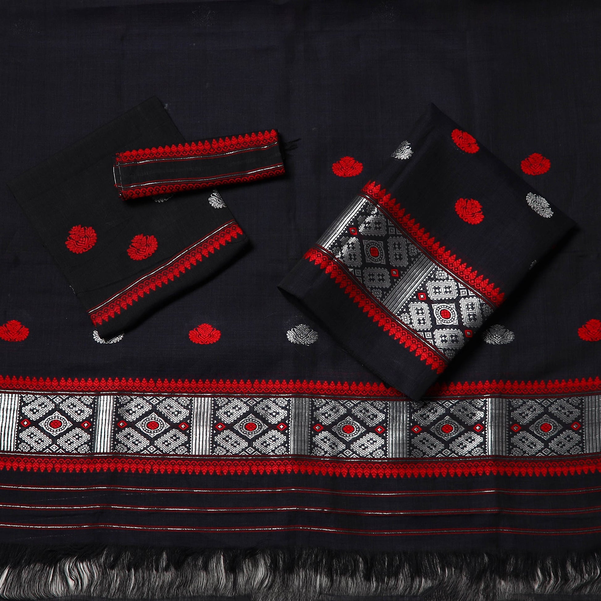 Black - Assam Handloom Tussar Mekhela Chador with Blouse Piece 12