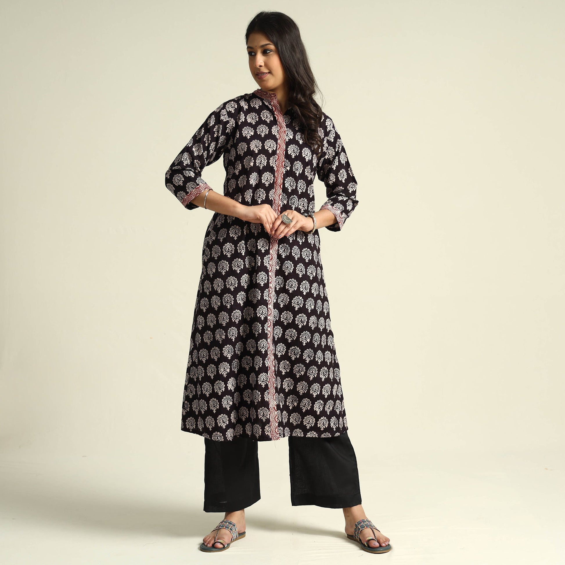 Black - Bagh Block Printed Cotton Kurta with Palazzo Set