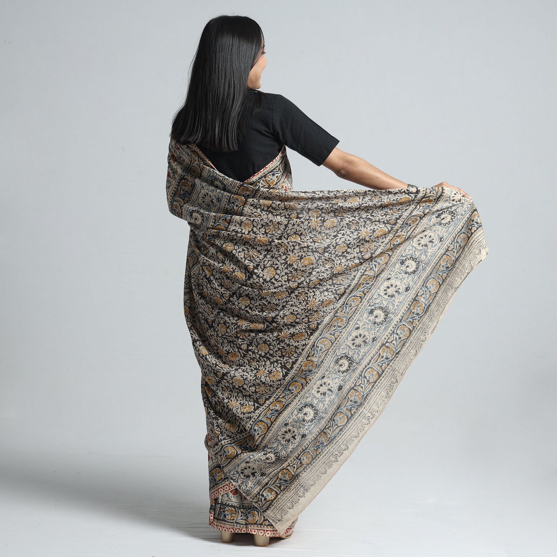 Beige - Pedana Block Print Cotton Kalamkari Saree