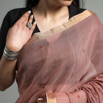Brown - Handloom Cotton Phulia Jamdani Saree with Tassels