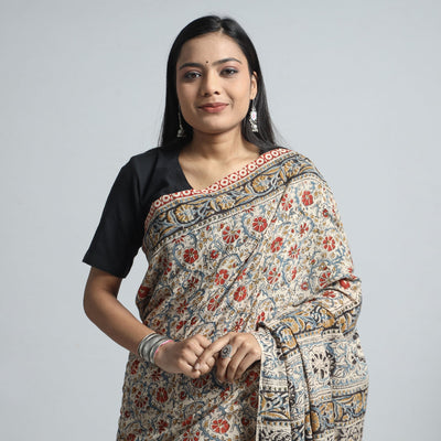 Beige - Pedana Block Print Cotton Kalamkari Saree