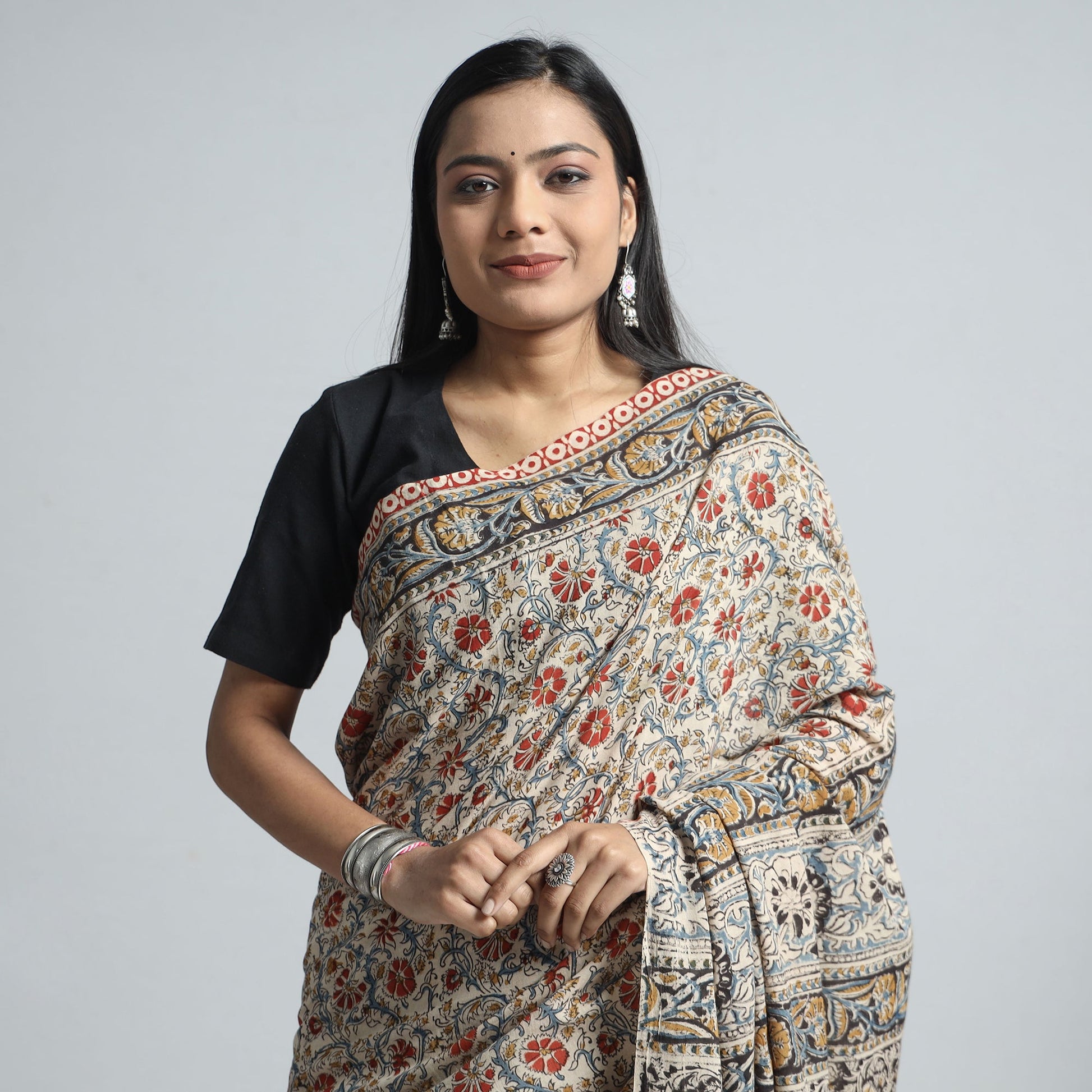 Beige - Pedana Block Print Cotton Kalamkari Saree