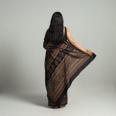 Brown - Natural Dyed Bagh Print Cotton Saree with Blouse Piece 08