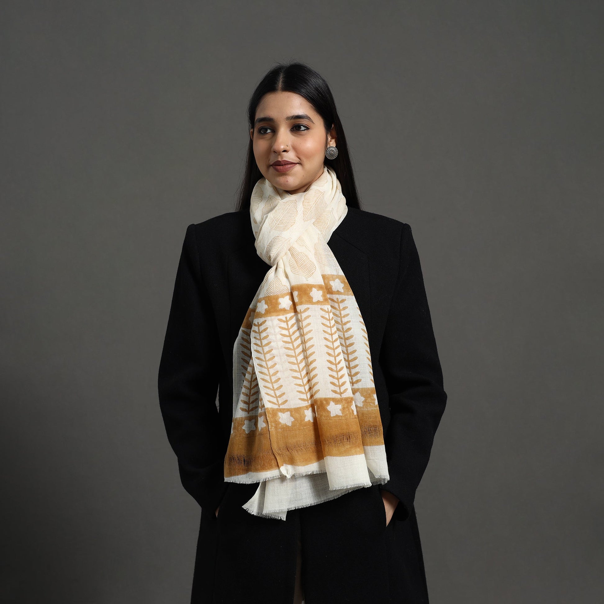 Brown - Pure Wool Block Print Sanganeri Stole 57