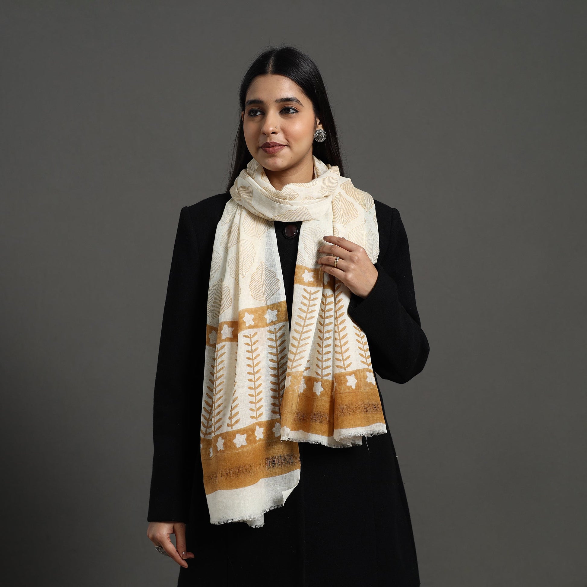 Brown - Pure Wool Block Print Sanganeri Stole 57