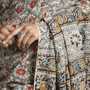 Beige - Pedana Block Print Cotton Kalamkari Saree