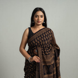 Brown - Natural Dyed Bagh Print Cotton Saree with Blouse Piece 08