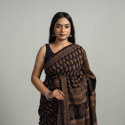 Brown - Natural Dyed Bagh Print Cotton Saree with Blouse Piece 08