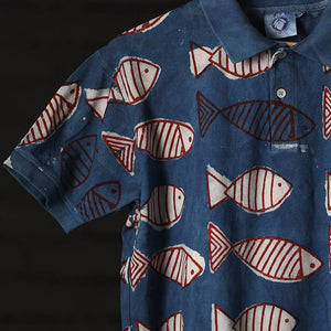 Blue - Bindaas Natural Dyed Art Block Print Polo Collar T-shirt in Pure Cotton