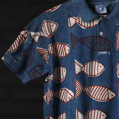 Blue - Bindaas Natural Dyed Art Block Print Polo Collar T-shirt in Pure Cotton