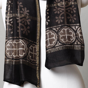 Black - Pipad Block Printed Chanderi Silk Handloom Stole