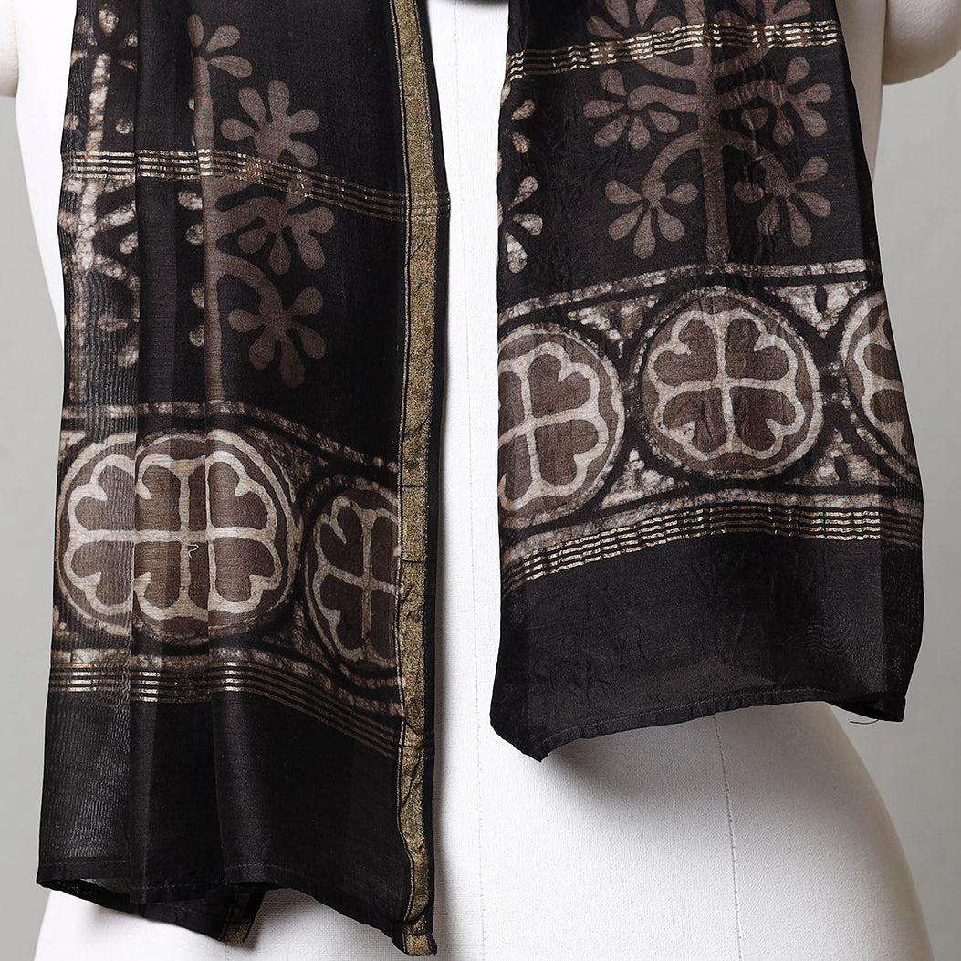 Black - Pipad Block Printed Chanderi Silk Handloom Stole