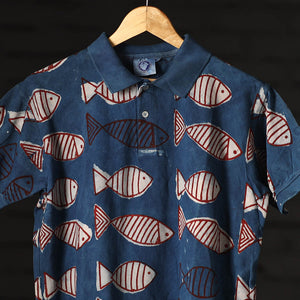 Blue - Bindaas Natural Dyed Art Block Print Polo Collar T-shirt in Pure Cotton