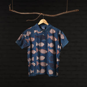Blue - Bindaas Natural Dyed Art Block Print Polo Collar T-shirt in Pure Cotton