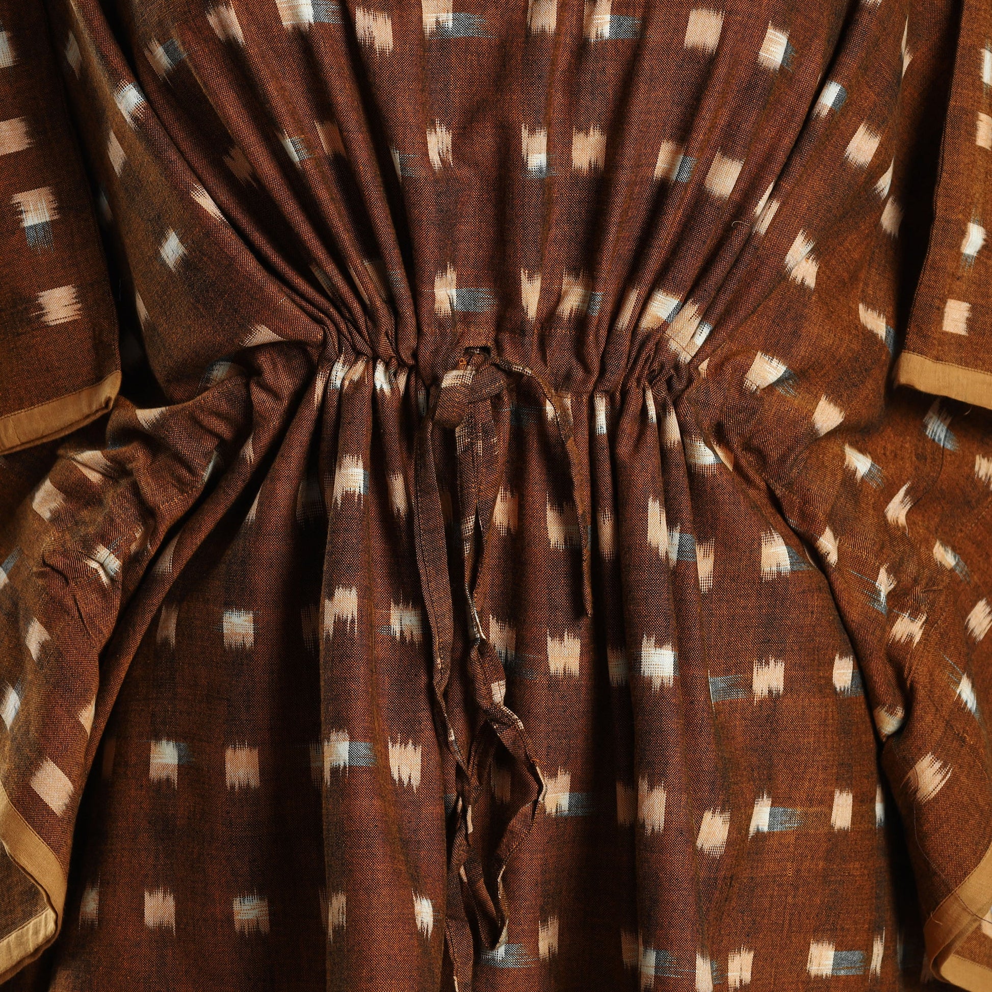Brown - Ikat Weave Cotton Kaftan with Tie-Up Waist (Short)