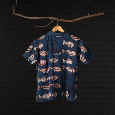 Blue - Bindaas Natural Dyed Art Block Print Polo Collar T-shirt in Pure Cotton