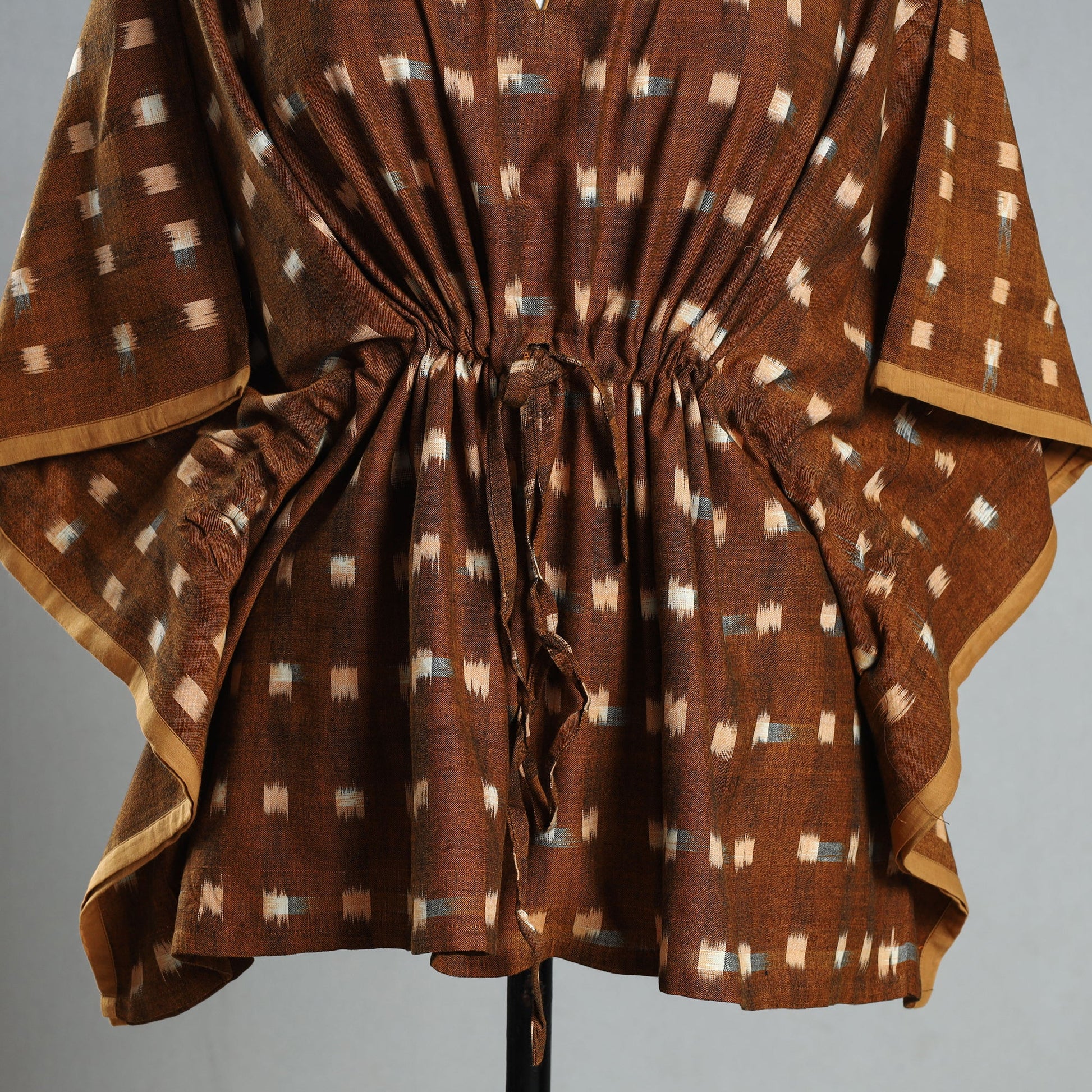 Brown - Ikat Weave Cotton Kaftan with Tie-Up Waist (Short)