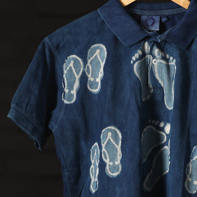 Blue - Bindaas Natural Dyed Art Block Print Polo Collar T-shirt in Cotton