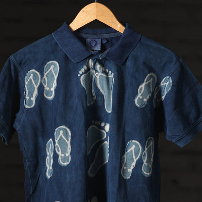 Blue - Bindaas Natural Dyed Art Block Print Polo Collar T-shirt in Cotton