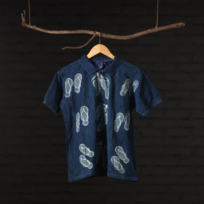 Blue - Bindaas Natural Dyed Art Block Print Polo Collar T-shirt in Cotton