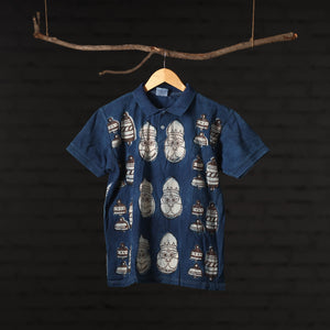 Blue - Bindaas Block Art Printed Polo Collar T-shirt in Cotton