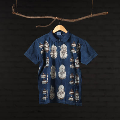 Blue - Bindaas Block Art Printed Polo Collar T-shirt in Cotton