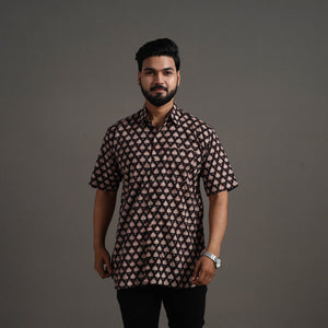 Black - Bagru Block Printed Cotton Men Half Sleeve Shirt 08