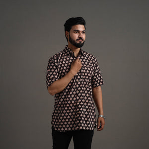 Black - Bagru Block Printed Cotton Men Half Sleeve Shirt 08