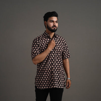 Black - Bagru Block Printed Cotton Men Half Sleeve Shirt 08