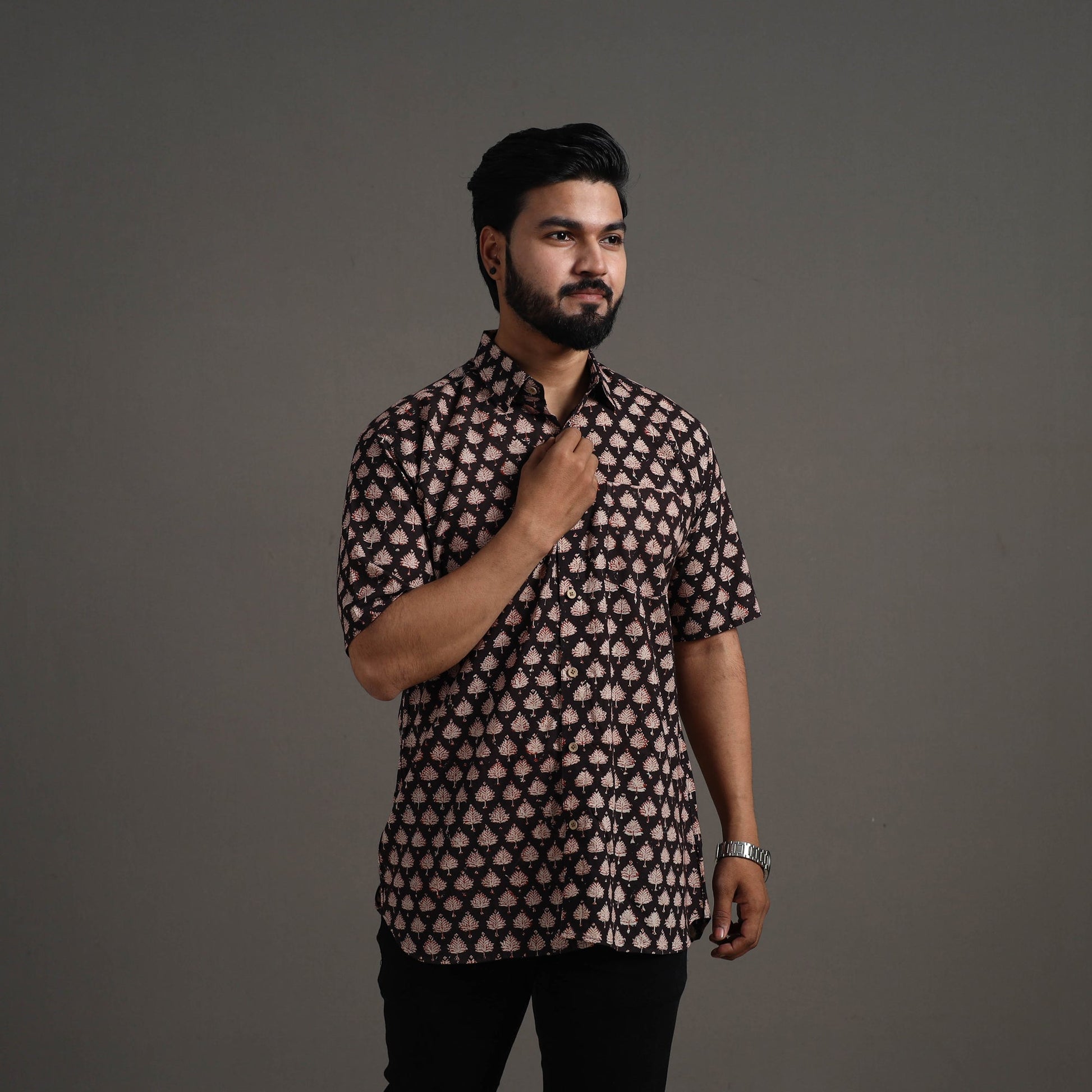 Black - Bagru Block Printed Cotton Men Half Sleeve Shirt 08
