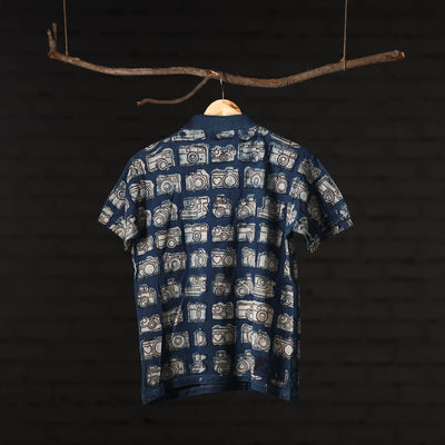 Blue - Bindaas Natural Dyed Art Block Print  Polo Collar T-shirt in Cotton