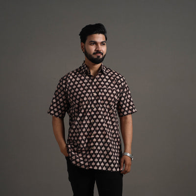 Black - Bagru Block Printed Cotton Men Half Sleeve Shirt 08